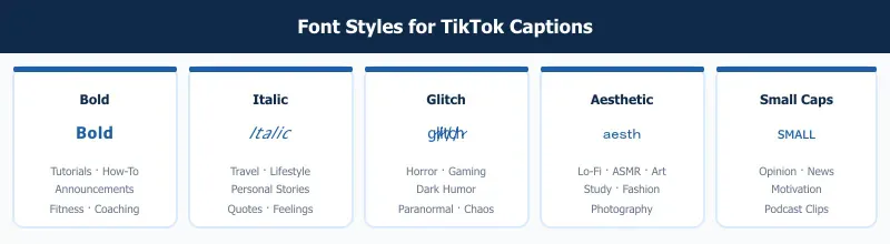 Fonts for TikTok captions shown as bold italic glitch aesthetic and small caps style cards