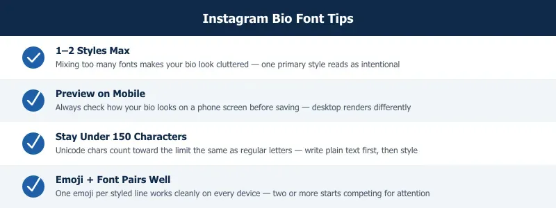 Instagram bio font tips — checklist of four key tips for using fonts correctly