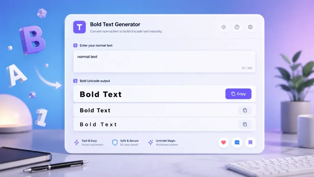 Bold text generator copy paste tool preview with Unicode bold and decorative text styles
