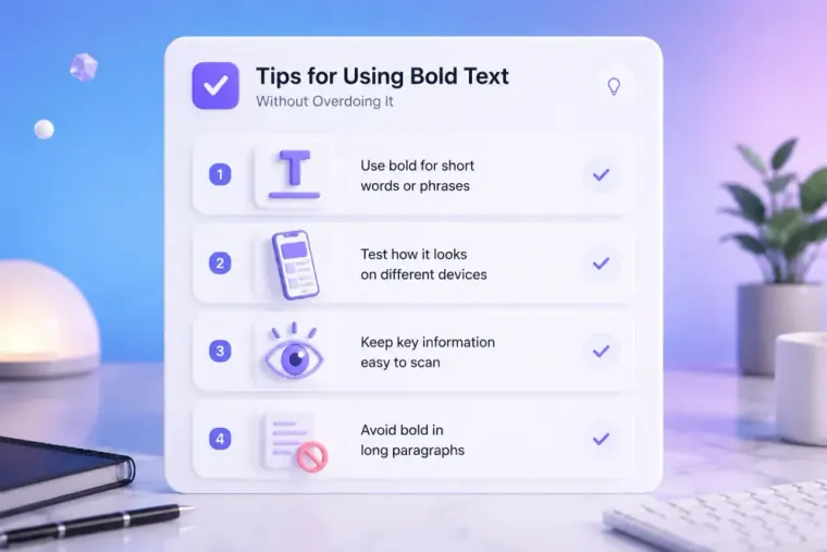Readability checklist showing short phrases, preview before posting, and standard text for key details