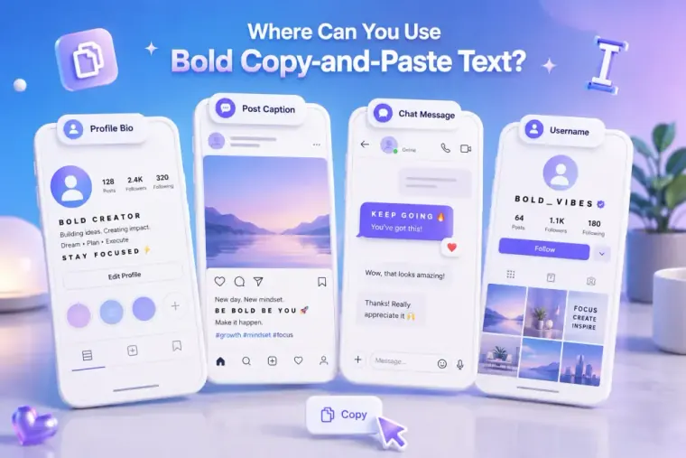 Phone screens showing bold Unicode text in a bio, caption, chat message, and username