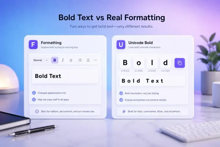 Side-by-side comparison of real bold formatting and bold Unicode character text