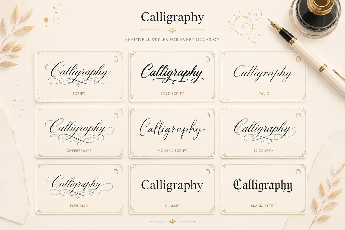 Grid of elegant calligraphy font examples ready to copy and paste