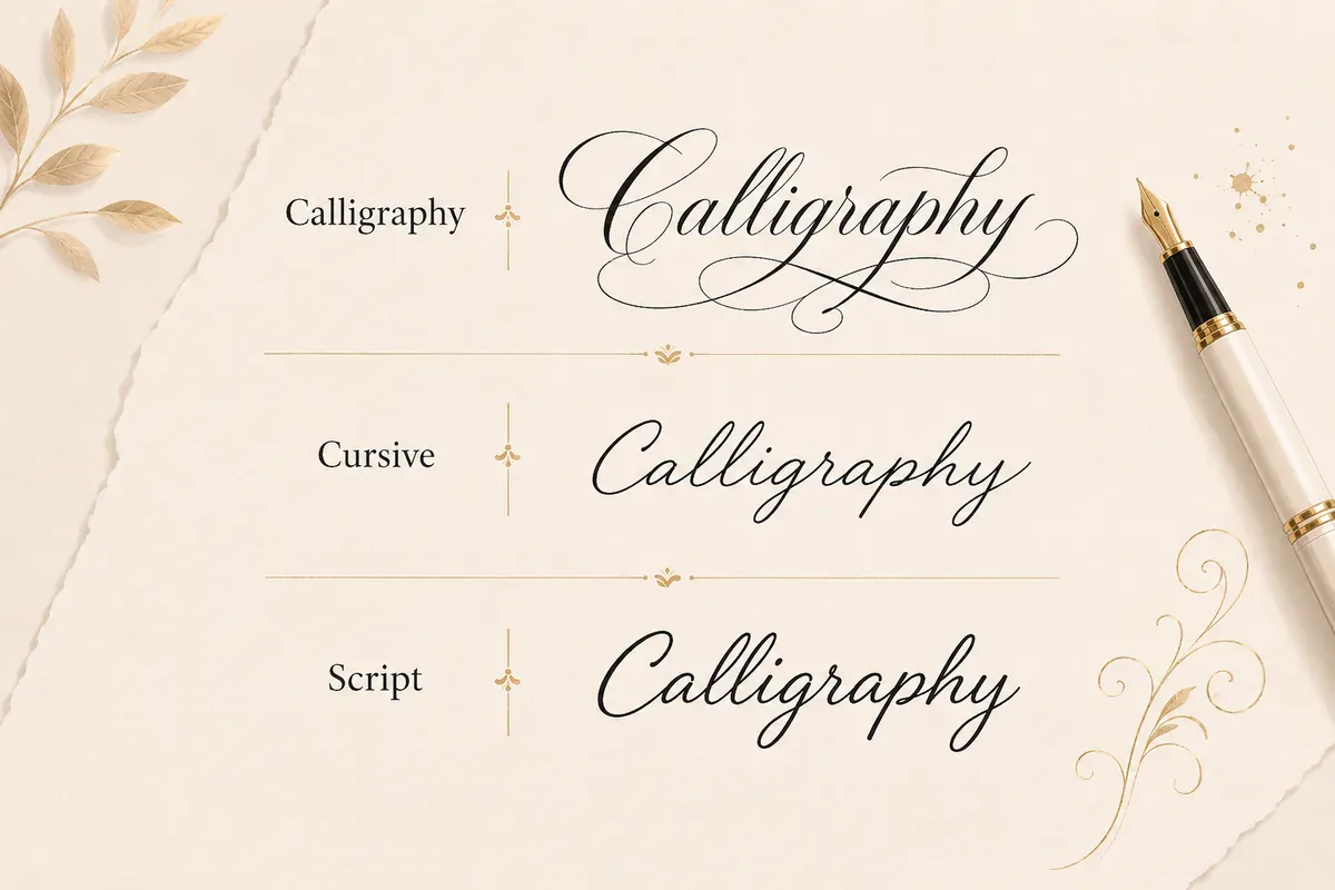 The same word shown in calligraphy, cursive, and script styles side by side