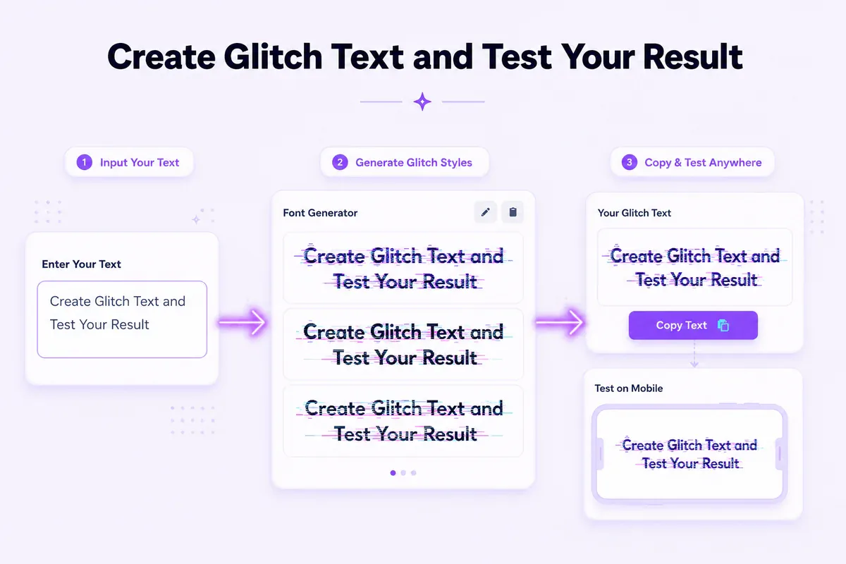 Workflow for entering, comparing, copying and testing glitch text