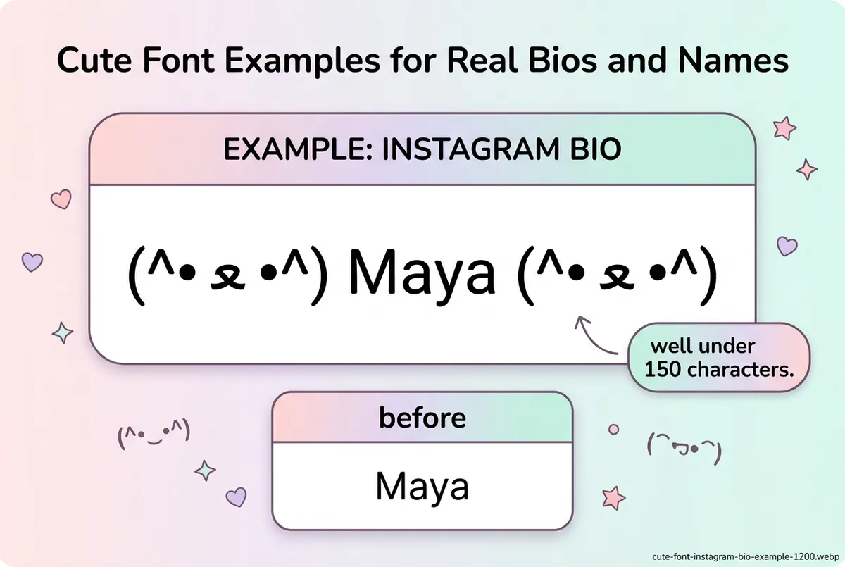 Instagram bio using a cute kaomoji font style above a plain-text tagline