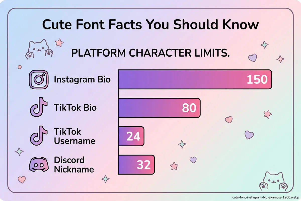 Chart comparing Instagram, TikTok, and Discord character limits for cute fonts