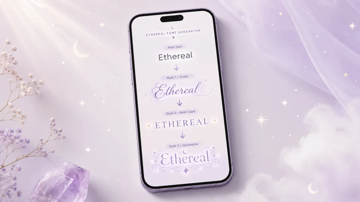 Ethereal font generator turning plain text into soft, dreamy Unicode styles on a phone