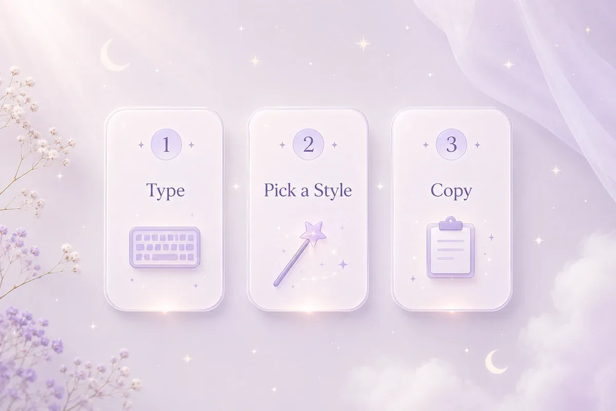 Three steps to use the ethereal font generator: type, choose a style, copy