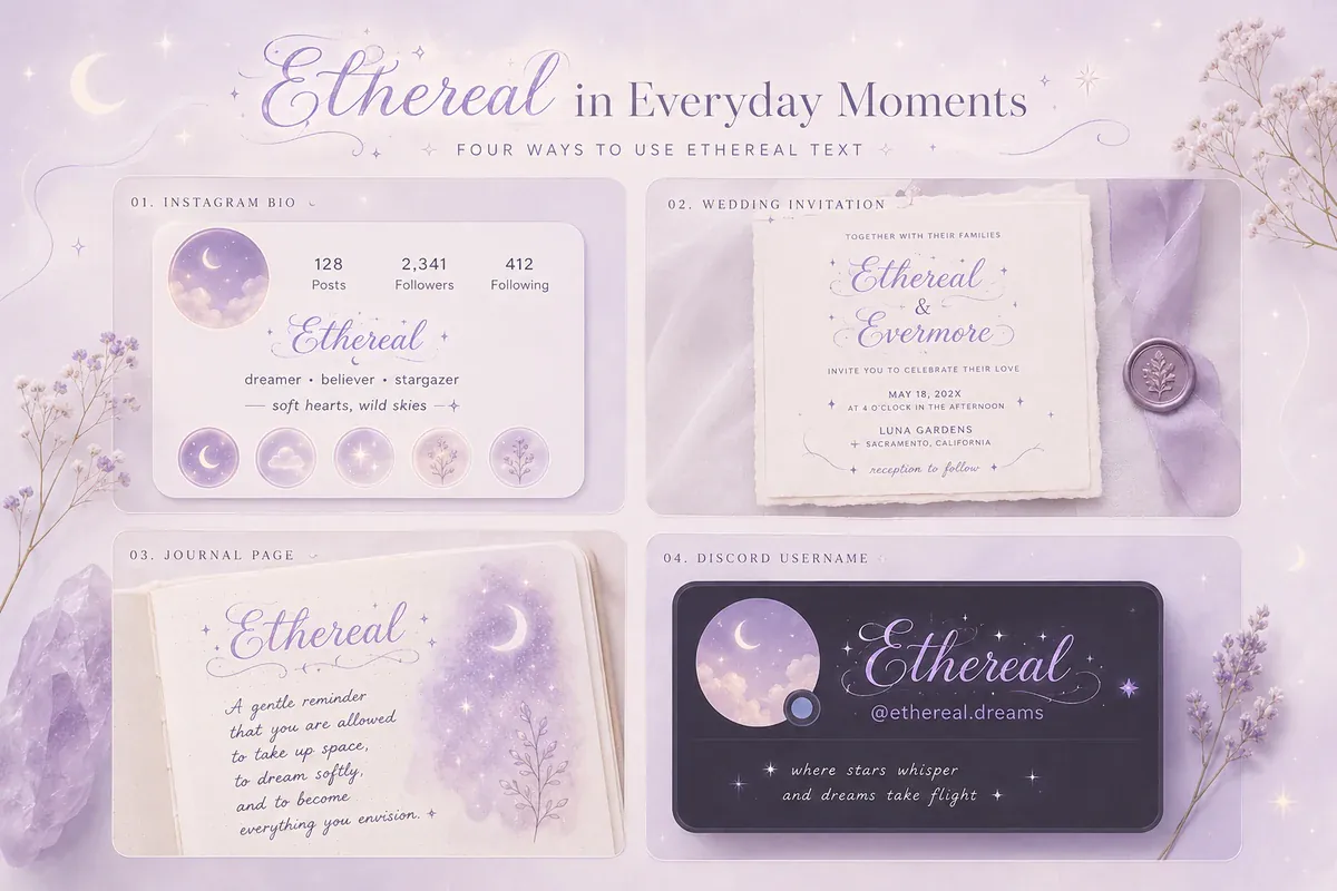 Ethereal text used in an Instagram bio, wedding invite, journal, and Discord name