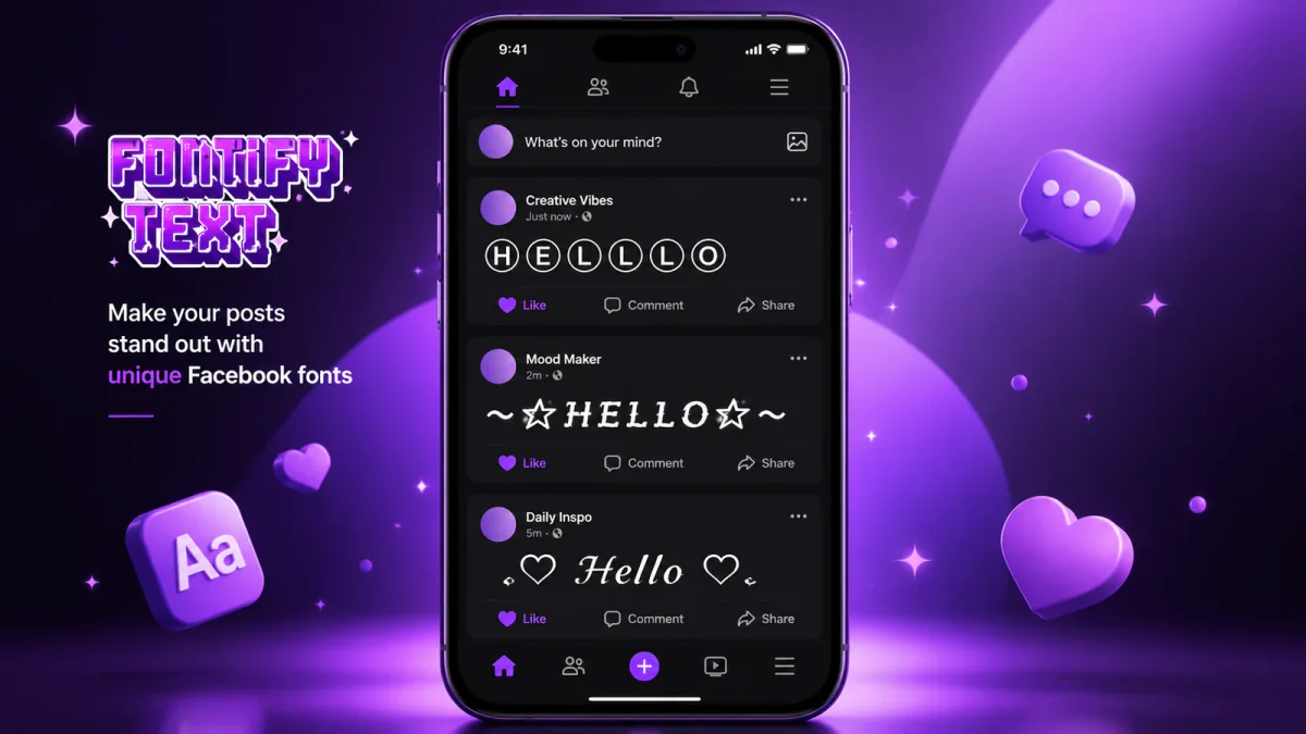 Stylish Unicode text examples shown in a Facebook-style feed on a smartphone