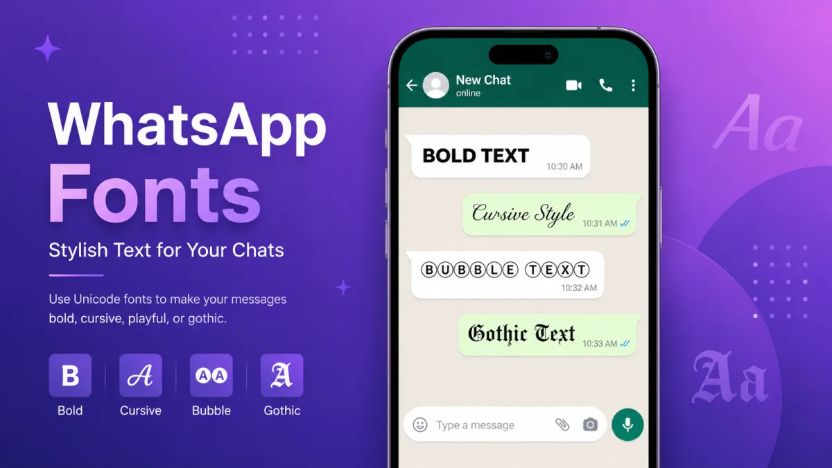 Phone showing WhatsApp messages in bold, cursive, bubble, and Gothic Unicode text styles