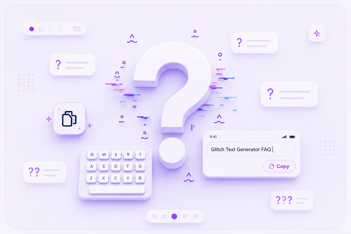 FAQ illustration with a copy button and question marks around distorted text