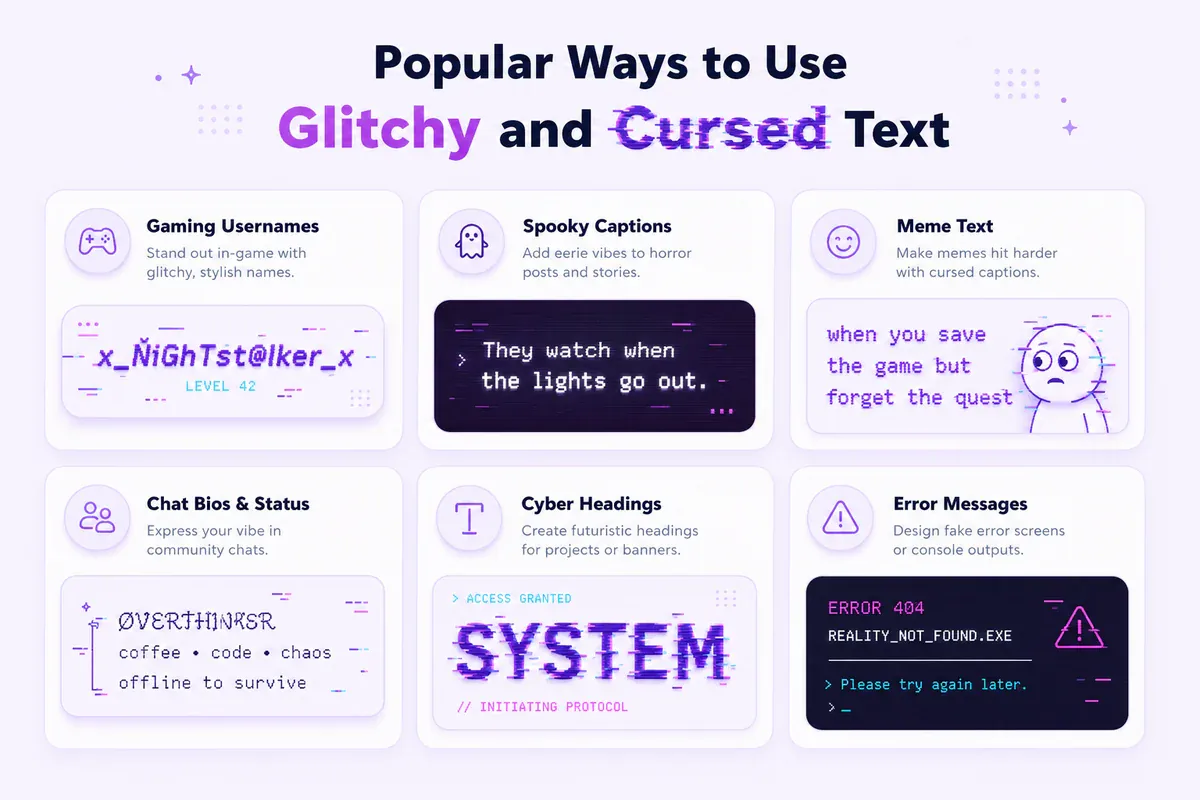 Examples of distorted text for usernames, captions, memes, bios and headings