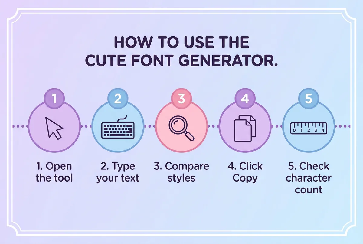 Steps for typing, comparing, and copying a cute font style