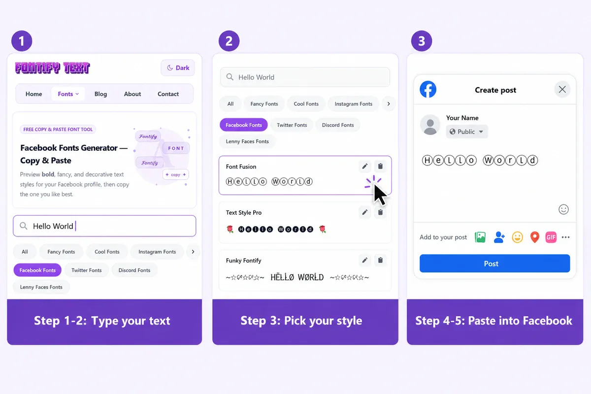 Steps for generating, copying, and pasting stylish text into Facebook