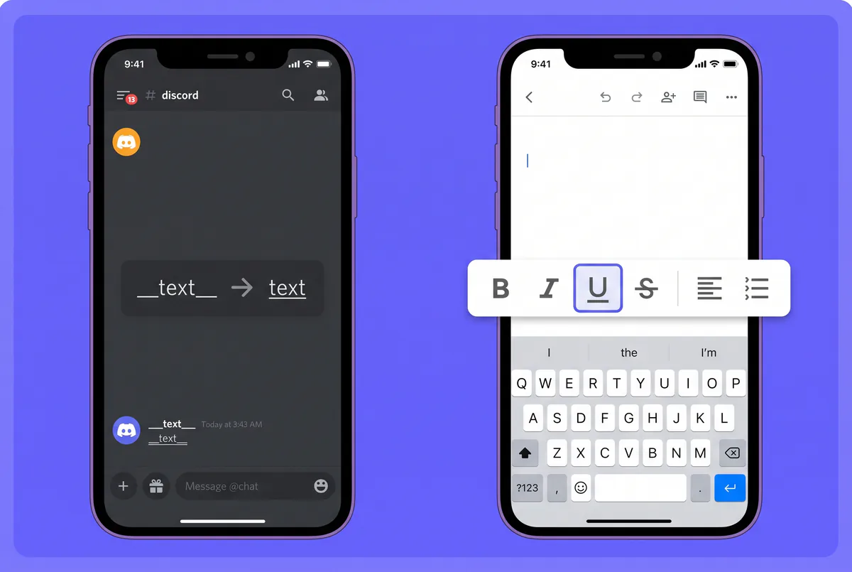 Discord markdown underline and the Google Docs underline button shown on two screens