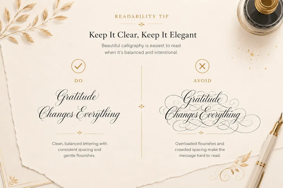 Tips graphic showing a readable calligraphy line versus an overloaded one