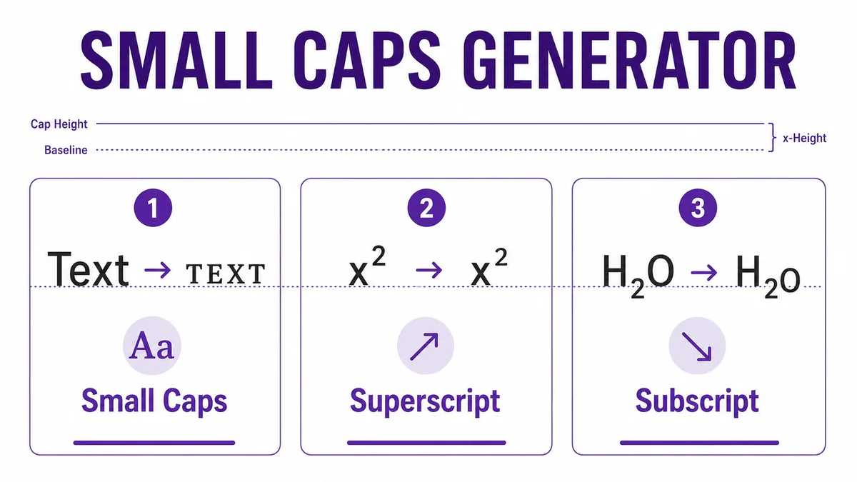 Small caps generator infographic showing small caps, superscript, and subscript text
