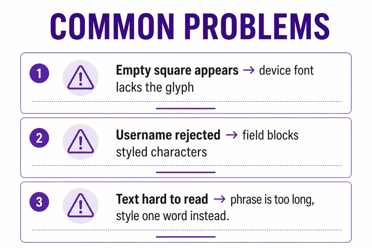 Troubleshooting chart for common small caps and superscript text display problems