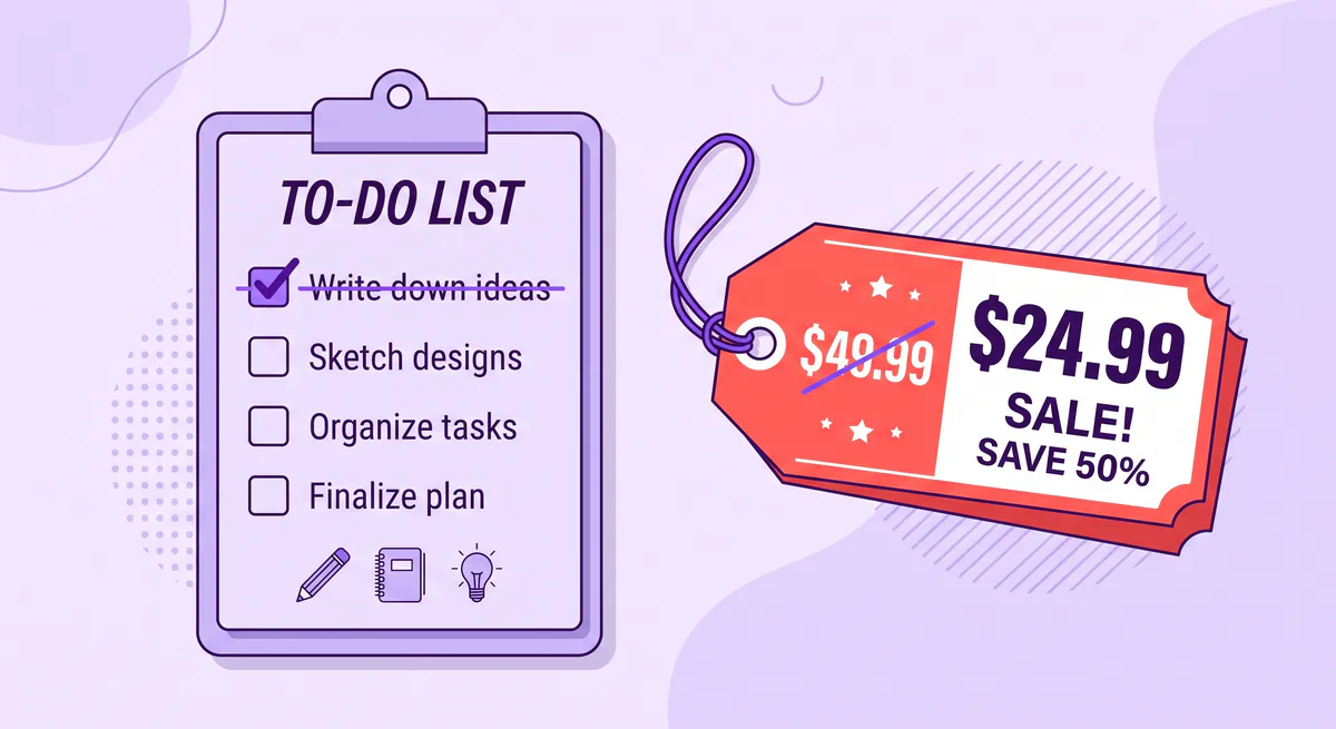 Strikethrough text used in a to-do list and a discounted price tag