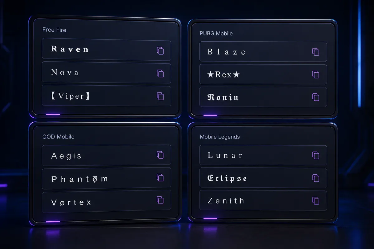 Stylish gaming name examples grouped by mobile game