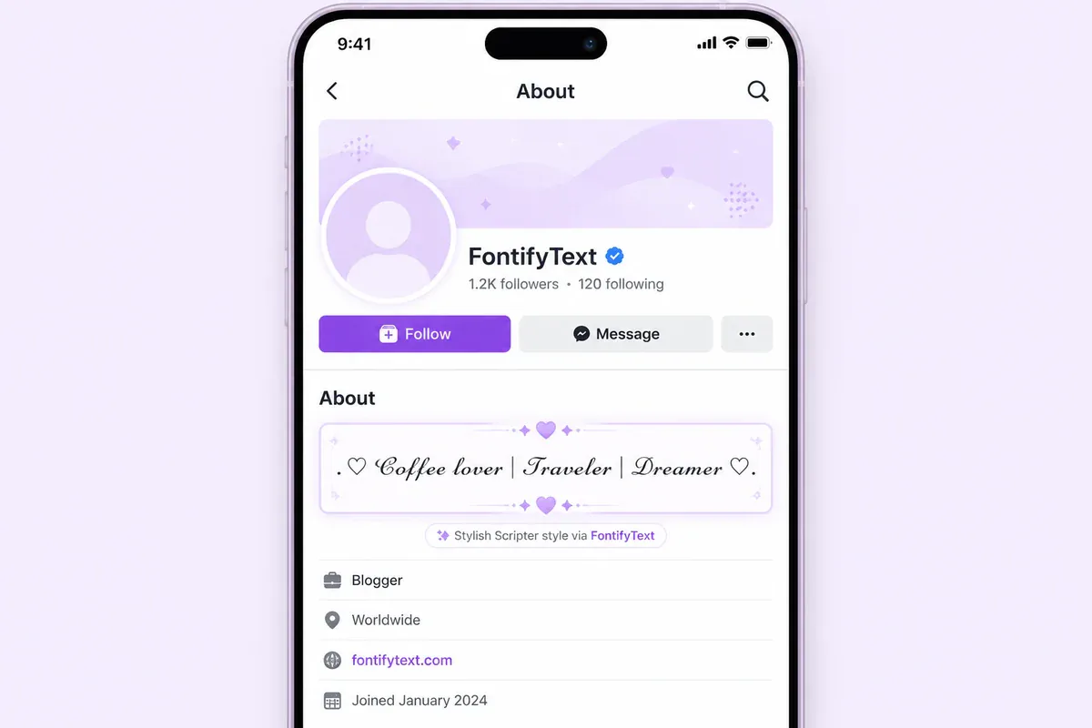 Facebook bio using decorated script-style Unicode text