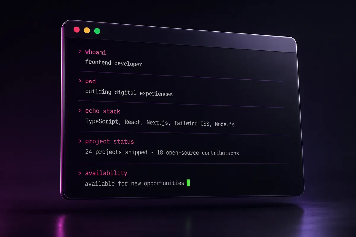 Terminal-style developer bio ideas using commands and status labels
