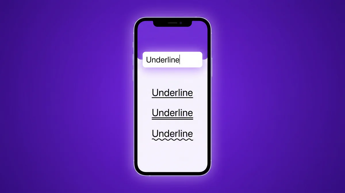 Underline text generator turning plain text into seven Unicode underline styles on a phone screen