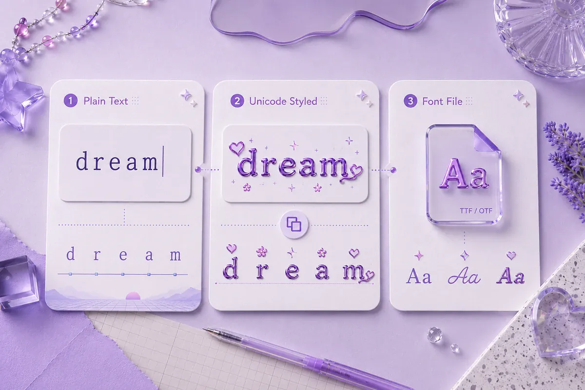 Comparison of plain text, Unicode aesthetic characters and font files