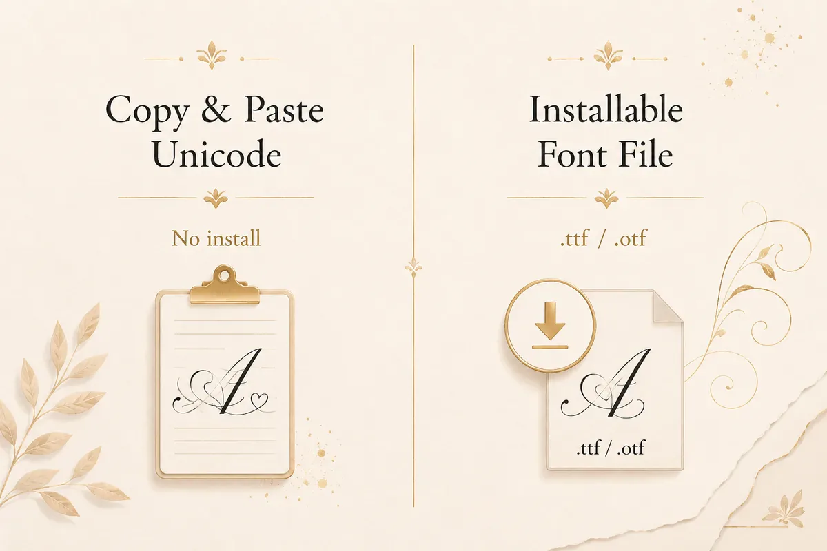 Comparison of copy-paste Unicode calligraphy versus an installable calligraphy font file