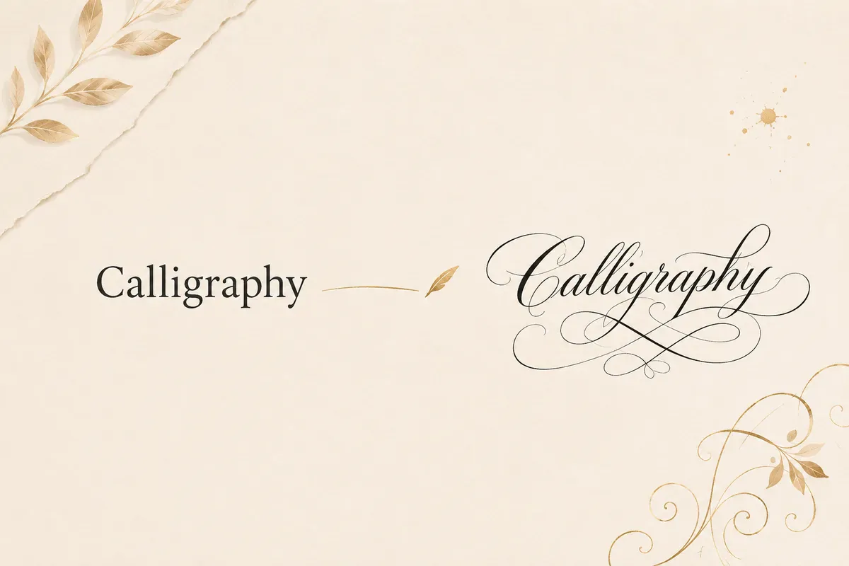 Plain text on the left changing into elegant calligraphy script on the right