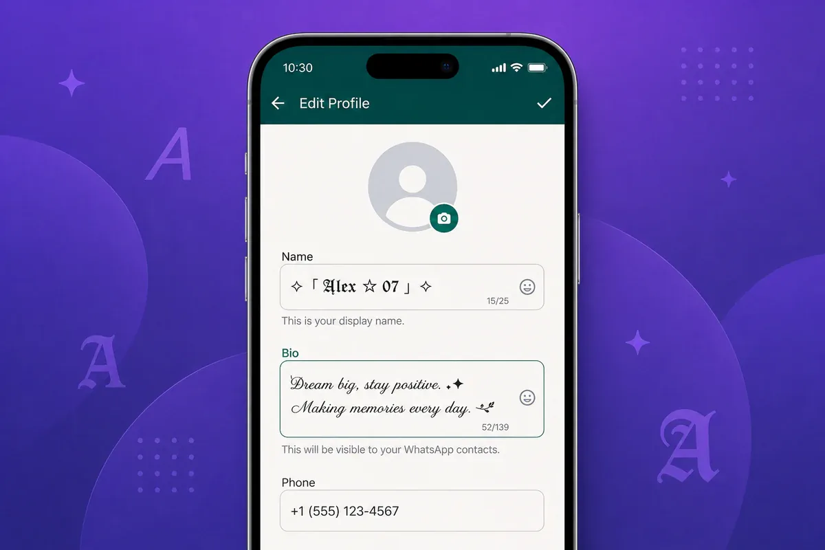 WhatsApp profile name and About field using readable Unicode font styles