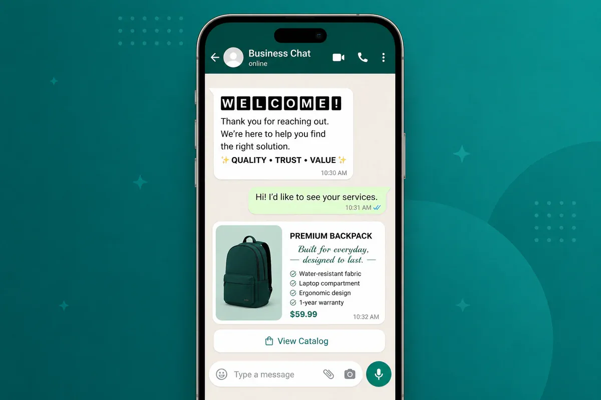 WhatsApp Business greeting using bold Unicode text for a business name