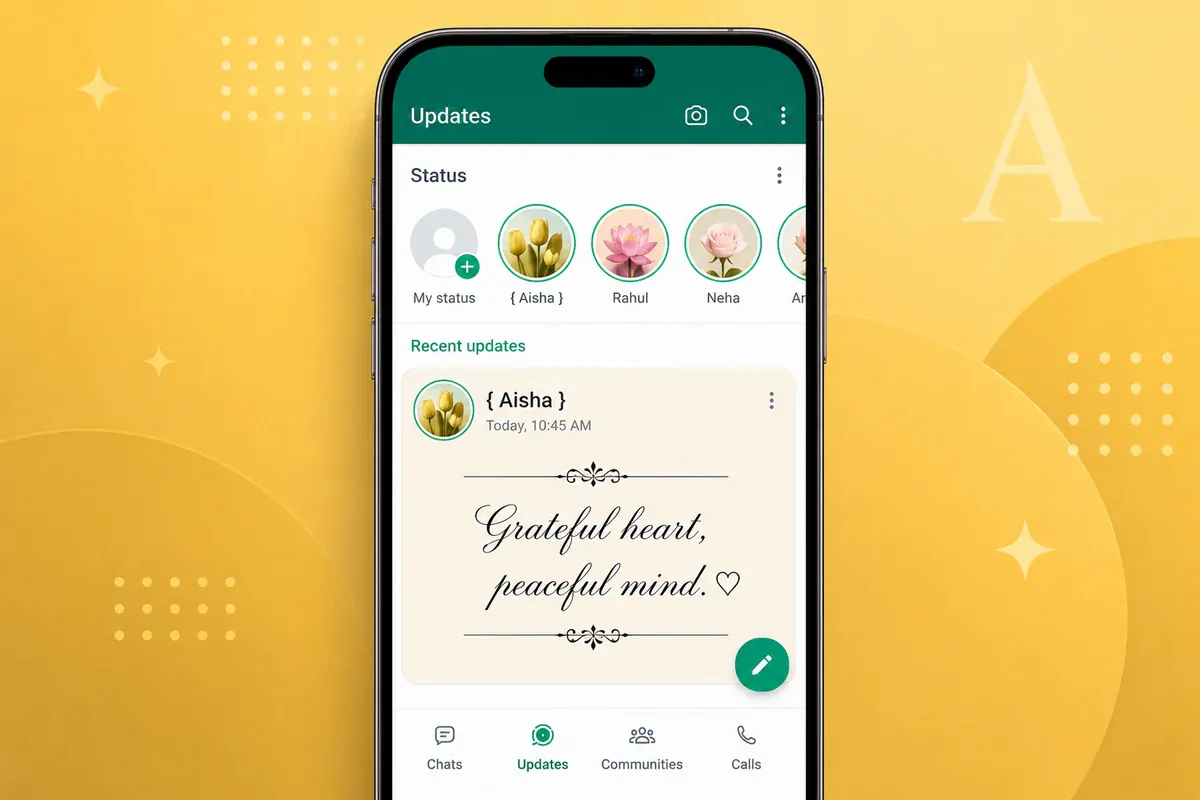 WhatsApp Status editor showing a short message in stylish Unicode text