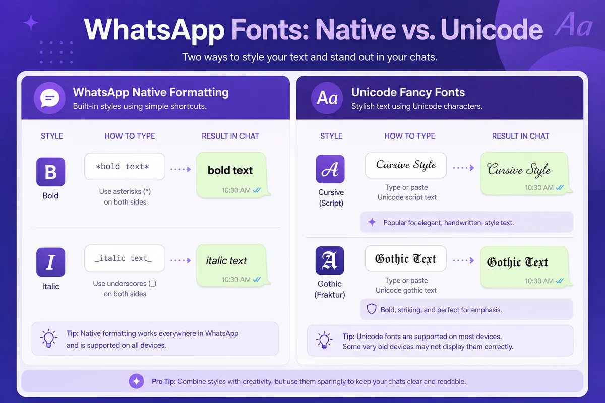 Comparison of WhatsApp built-in text shortcuts and Unicode fancy font styles